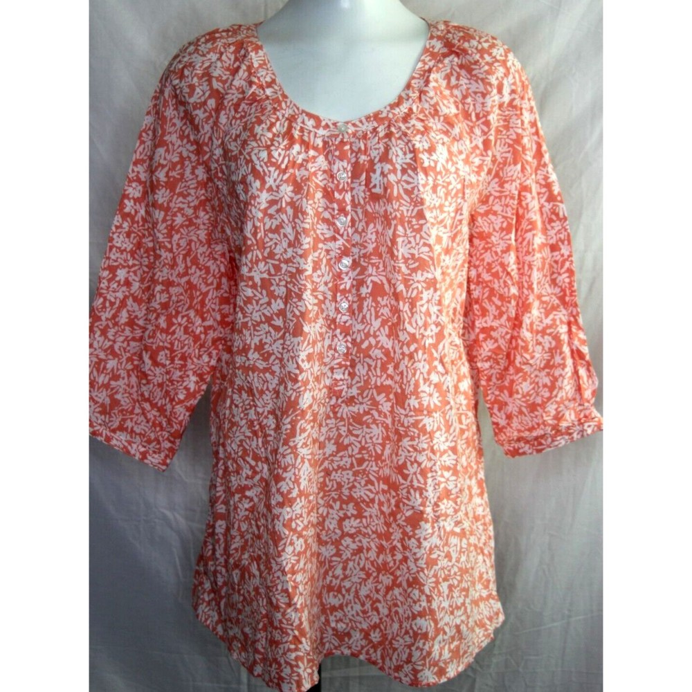 Lane Bryant Womens Blouse Peach Round Neck Button Up Top Size 14/16R 3/4 Sleeve